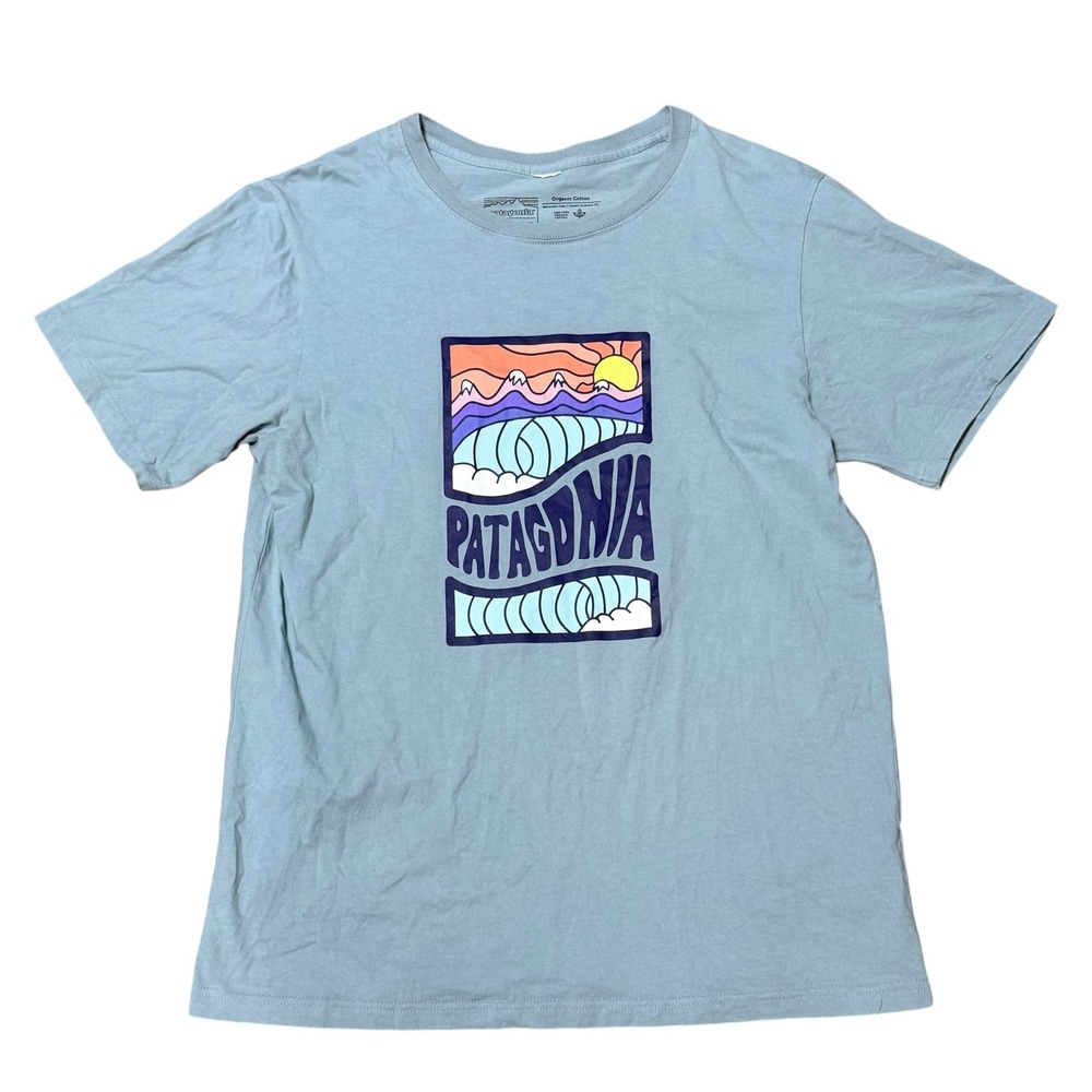 Patagonia Mens XL Organic Cotton Graphic T-Shirt Blue Wave Mountain Regular Fit